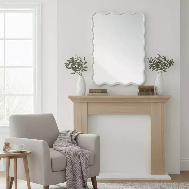 Miroir décoratif rectangulaire ondulé en bois massif 30 x 40 pour chambre, salle de bain et salon blanc