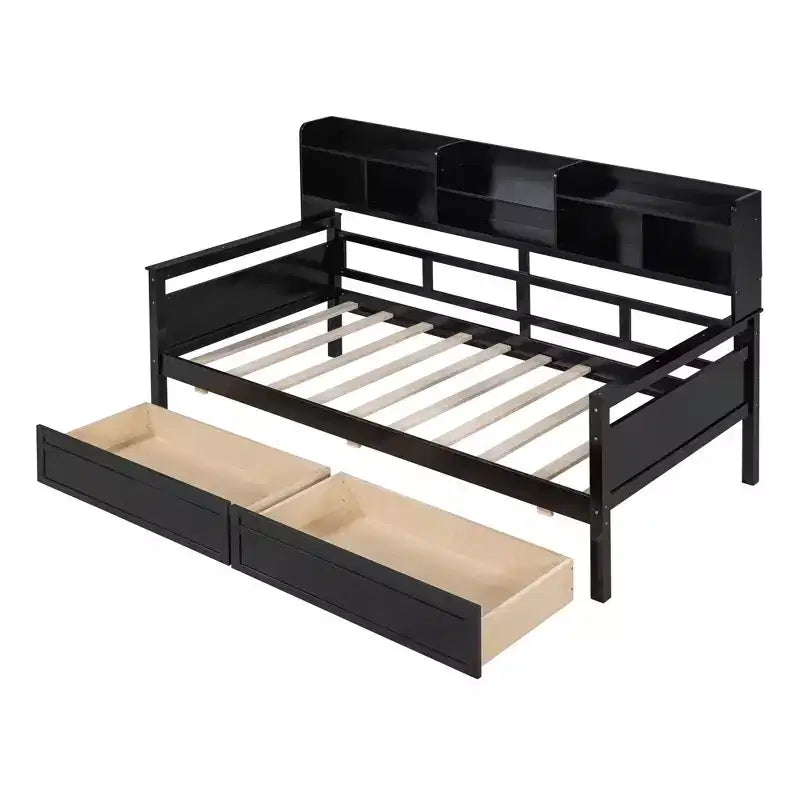 CLIHOME Twin Size Daybed, Wood Slat Support, Bed Frame with Bedside Shelves and Two Drawers