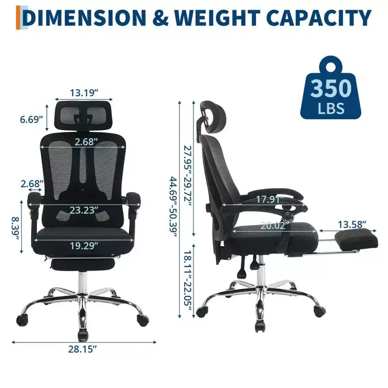 Chaise de bureau ergonomique en maille, chaise de bureau à domicile avec appui-tête et dossier réglables, support lombaire confortable avec roulettes pivotantes à 360°
