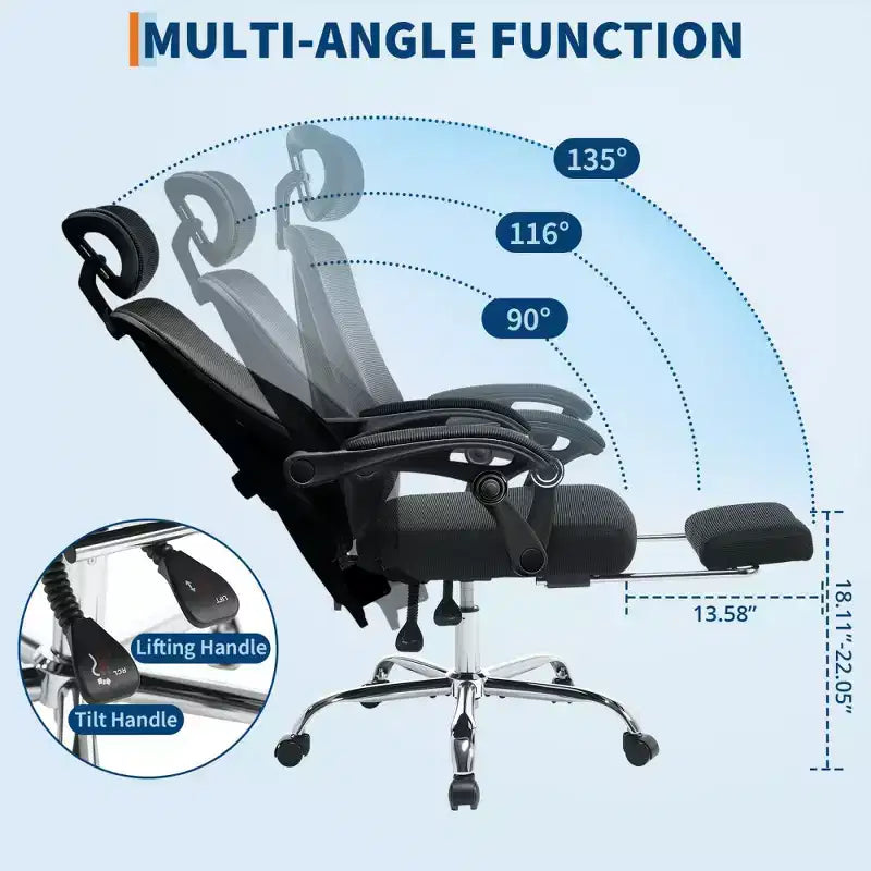 Chaise de bureau ergonomique en maille, chaise de bureau à domicile avec appui-tête et dossier réglables, support lombaire confortable avec roulettes pivotantes à 360°
