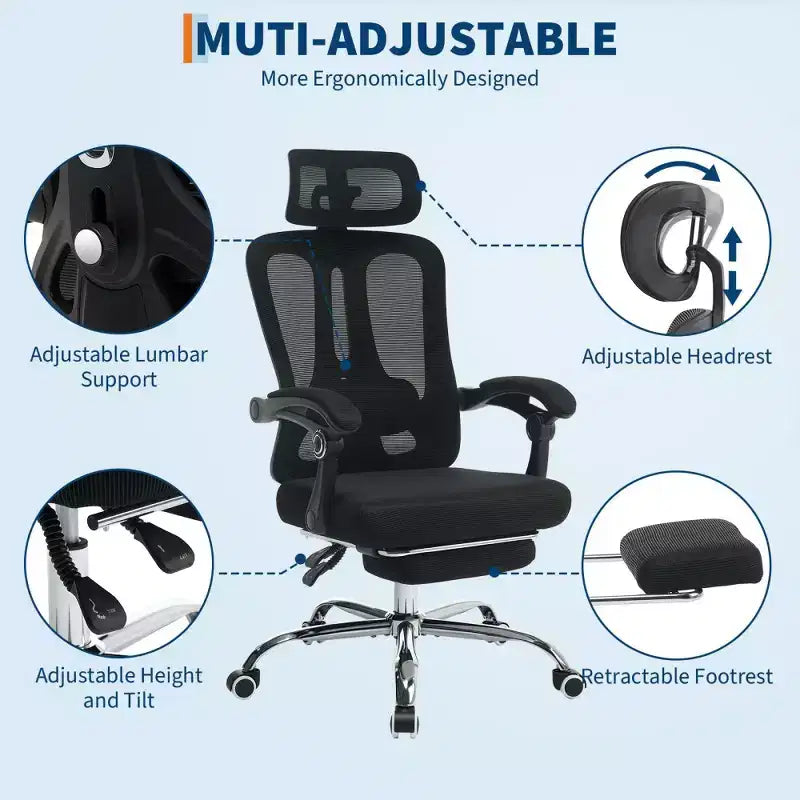 Chaise de bureau ergonomique en maille, chaise de bureau à domicile avec appui-tête et dossier réglables, support lombaire confortable avec roulettes pivotantes à 360°