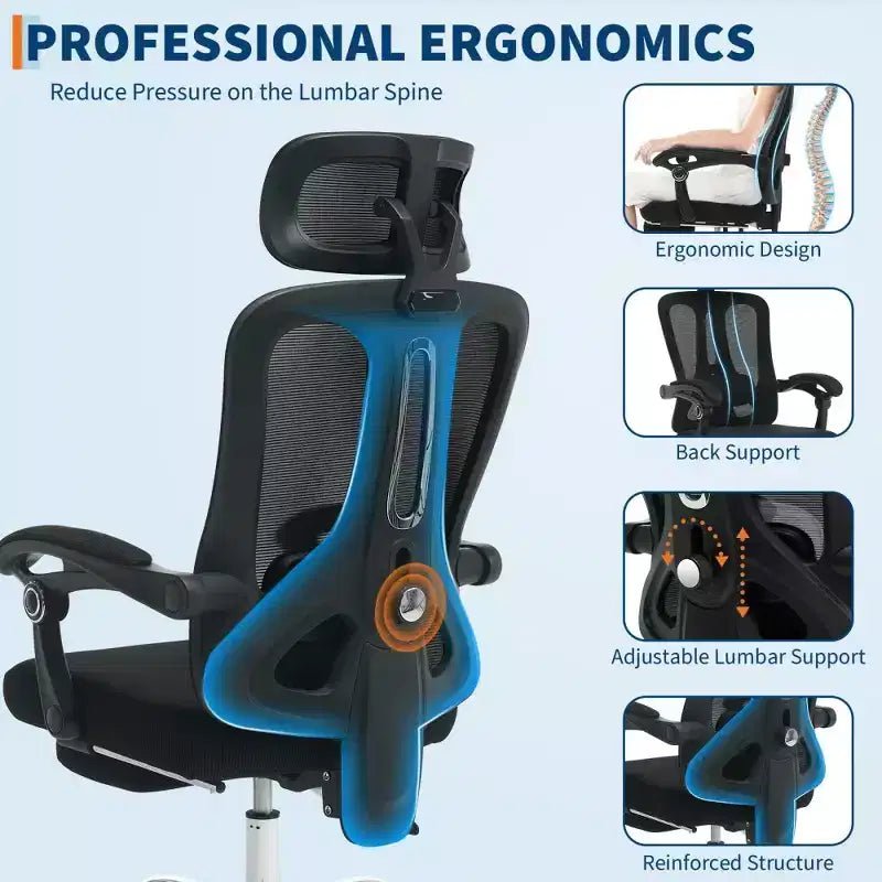 Chaise de bureau ergonomique en maille, chaise de bureau à domicile avec appui-tête et dossier réglables, support lombaire confortable avec roulettes pivotantes à 360°