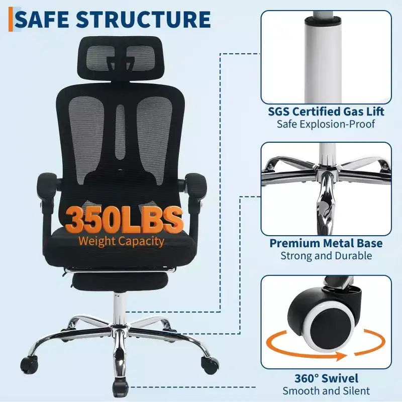 Chaise de bureau ergonomique en maille, chaise de bureau à domicile avec appui-tête et dossier réglables, support lombaire confortable avec roulettes pivotantes à 360°