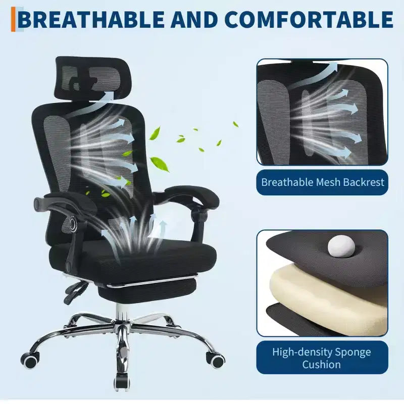 Chaise de bureau ergonomique en maille, chaise de bureau à domicile avec appui-tête et dossier réglables, support lombaire confortable avec roulettes pivotantes à 360°