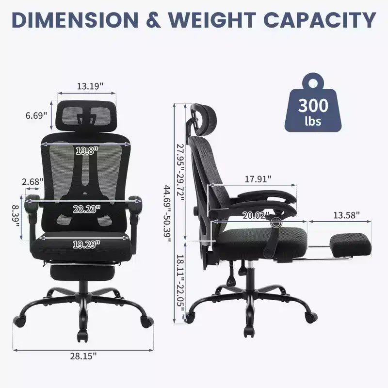 Chaise de bureau ergonomique en maille, chaise de bureau à domicile avec appui-tête et dossier réglables, support lombaire confortable avec roulettes pivotantes à 360°