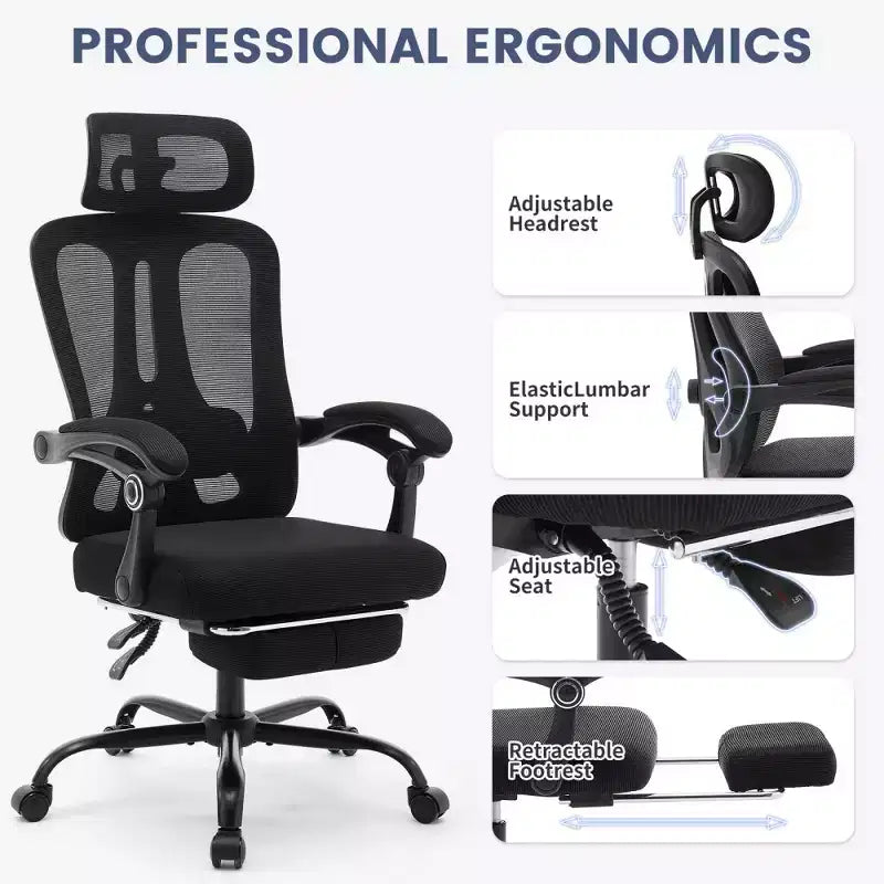Chaise de bureau ergonomique en maille, chaise de bureau à domicile avec appui-tête et dossier réglables, support lombaire confortable avec roulettes pivotantes à 360°