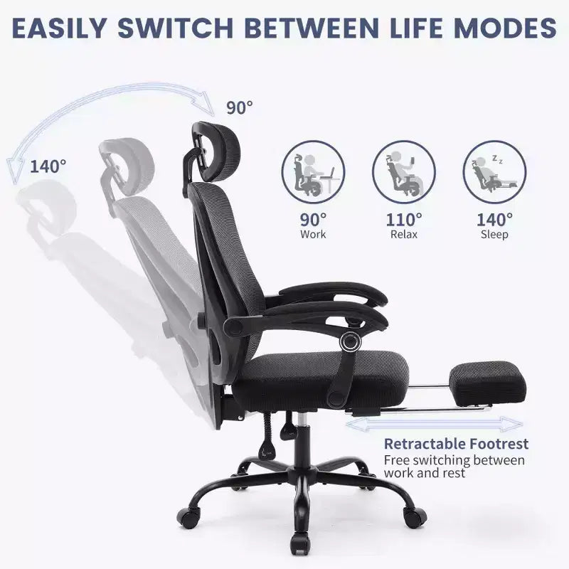 Chaise de bureau ergonomique en maille, chaise de bureau à domicile avec appui-tête et dossier réglables, support lombaire confortable avec roulettes pivotantes à 360°