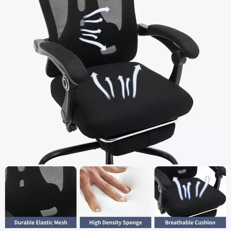 Chaise de bureau ergonomique en maille, chaise de bureau à domicile avec appui-tête et dossier réglables, support lombaire confortable avec roulettes pivotantes à 360°