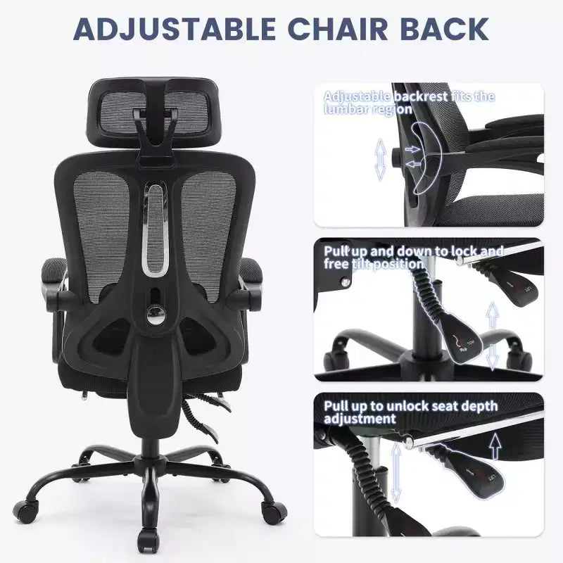 Chaise de bureau ergonomique en maille, chaise de bureau à domicile avec appui-tête et dossier réglables, support lombaire confortable avec roulettes pivotantes à 360°