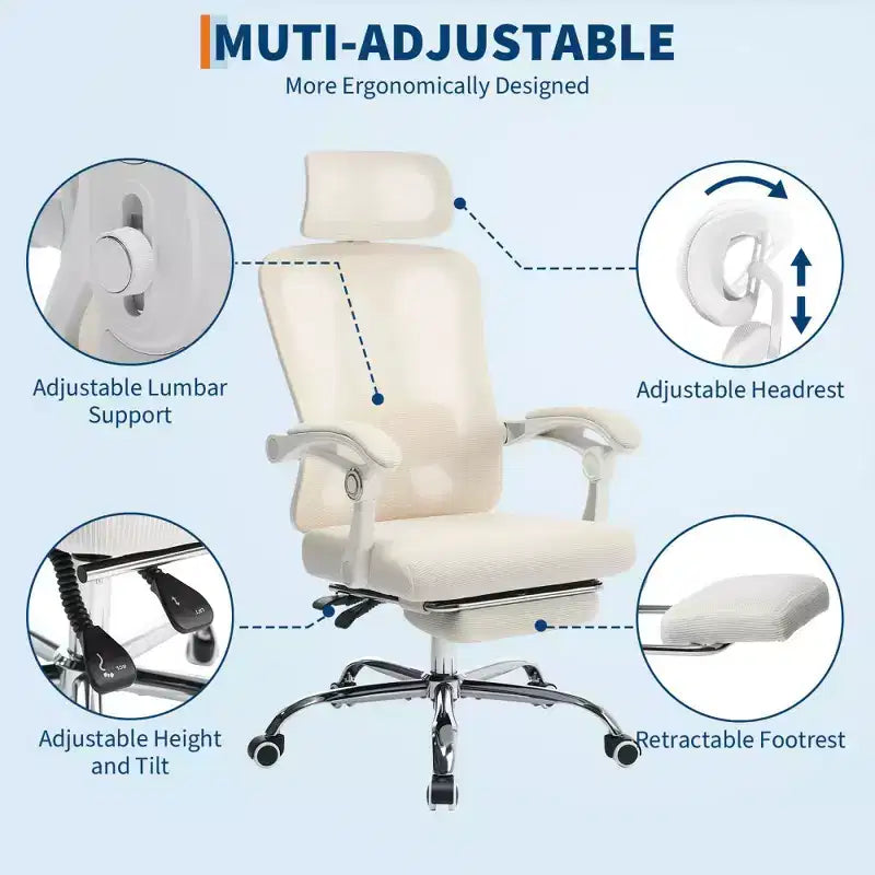 Chaise de bureau ergonomique en maille, chaise de bureau à domicile avec appui-tête et dossier réglables, support lombaire confortable avec roulettes pivotantes à 360°