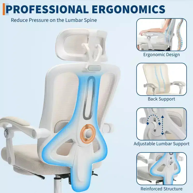 Chaise de bureau ergonomique en maille, chaise de bureau à domicile avec appui-tête et dossier réglables, support lombaire confortable avec roulettes pivotantes à 360°