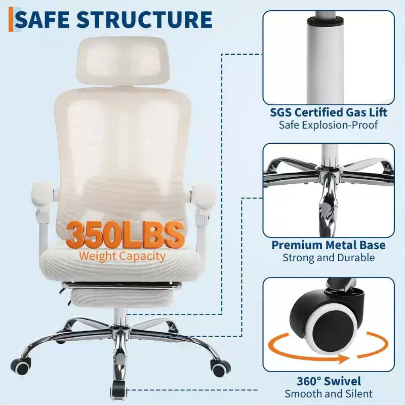 Chaise de bureau ergonomique en maille, chaise de bureau à domicile avec appui-tête et dossier réglables, support lombaire confortable avec roulettes pivotantes à 360°
