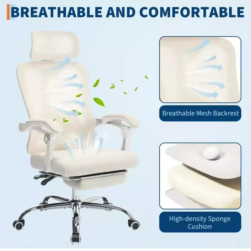 Chaise de bureau ergonomique en maille, chaise de bureau à domicile avec appui-tête et dossier réglables, support lombaire confortable avec roulettes pivotantes à 360°