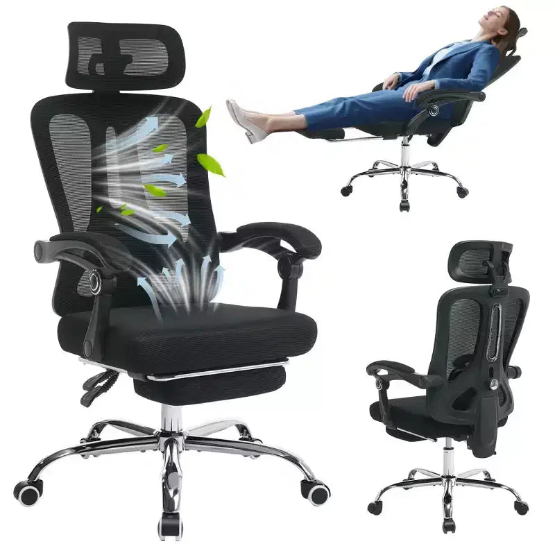 Chaise de bureau ergonomique en maille, chaise de bureau à domicile avec appui-tête et dossier réglables, support lombaire confortable avec roulettes pivotantes à 360°