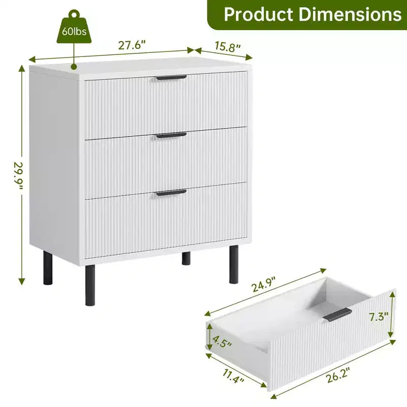 Commode à 3 tiroirs, chiffonnier de 71 cm de large avec dispositif anti-basculement, table de chevet haute en bois avec rangement et pieds en métal