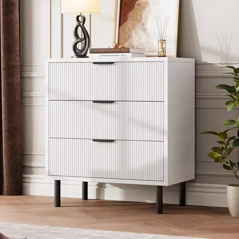 Commode à 3 tiroirs, chiffonnier de 71 cm de large avec dispositif anti-basculement, table de chevet haute en bois avec rangement et pieds en métal