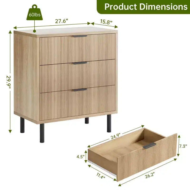 Commode à 3 tiroirs, chiffonnier de 71 cm de large avec dispositif anti-basculement, table de chevet haute en bois avec rangement et pieds en métal
