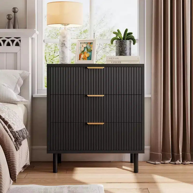 Commode à 3 tiroirs, chiffonnier de 71 cm de large avec dispositif anti-basculement, table de chevet haute en bois avec rangement et pieds en métal