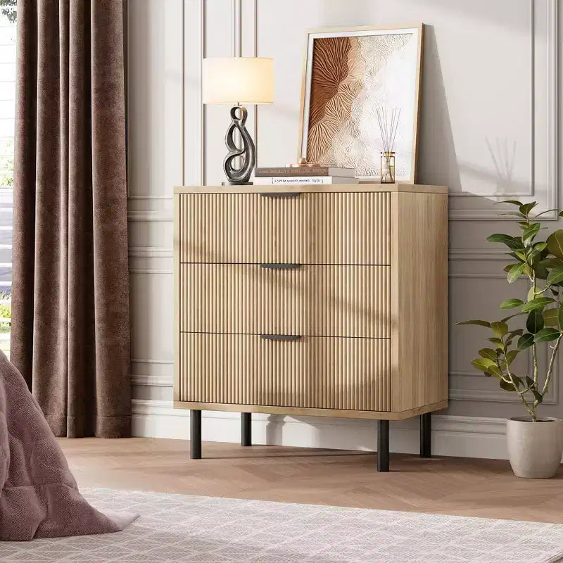 Commode à 3 tiroirs, chiffonnier de 71 cm de large avec dispositif anti-basculement, table de chevet haute en bois avec rangement et pieds en métal