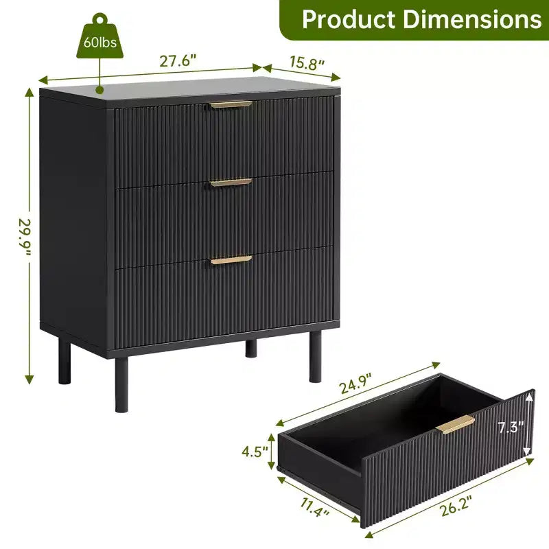Commode à 3 tiroirs, chiffonnier de 71 cm de large avec dispositif anti-basculement, table de chevet haute en bois avec rangement et pieds en métal