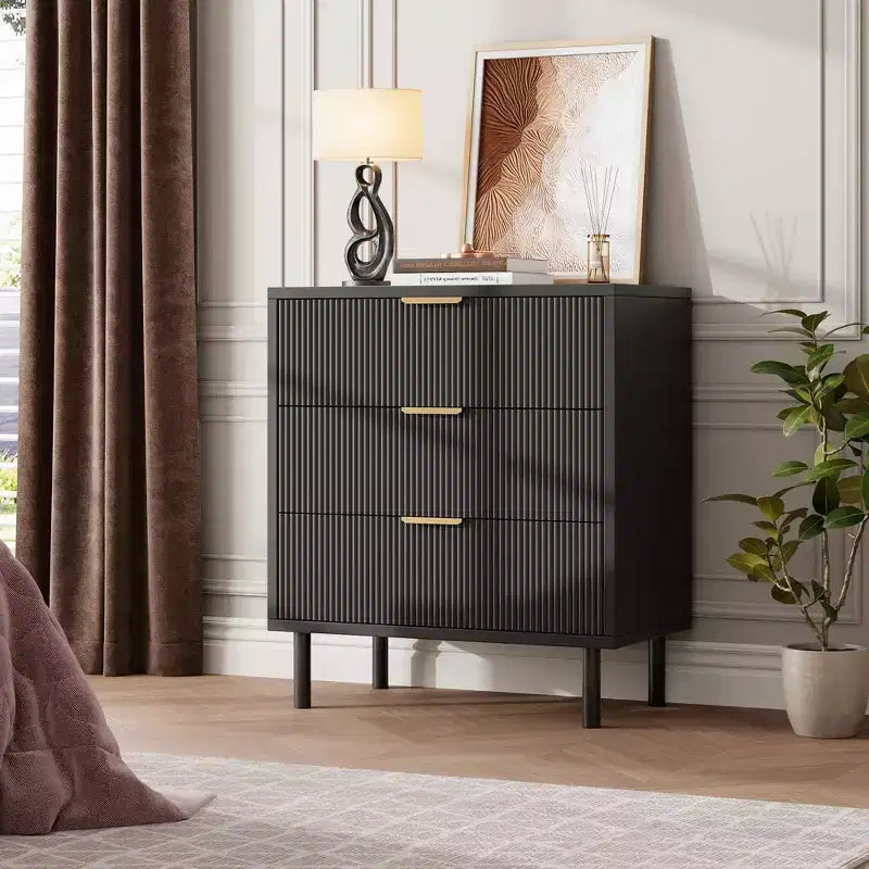 Commode à 3 tiroirs, chiffonnier de 71 cm de large avec dispositif anti-basculement, table de chevet haute en bois avec rangement et pieds en métal