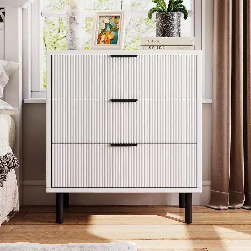 Commode à 3 tiroirs, chiffonnier de 71 cm de large avec dispositif anti-basculement, table de chevet haute en bois avec rangement et pieds en métal