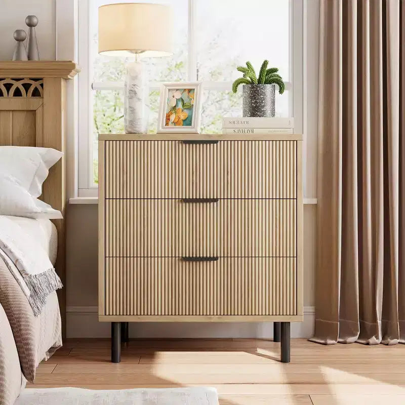 Commode à 3 tiroirs, chiffonnier de 71 cm de large avec dispositif anti-basculement, table de chevet haute en bois avec rangement et pieds en métal