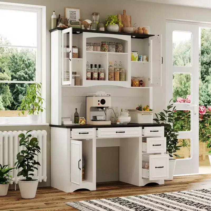 Buffet de cuisine blanc : Plan de travail intégré, Combo meuble haut, Anti-poussière et organisé