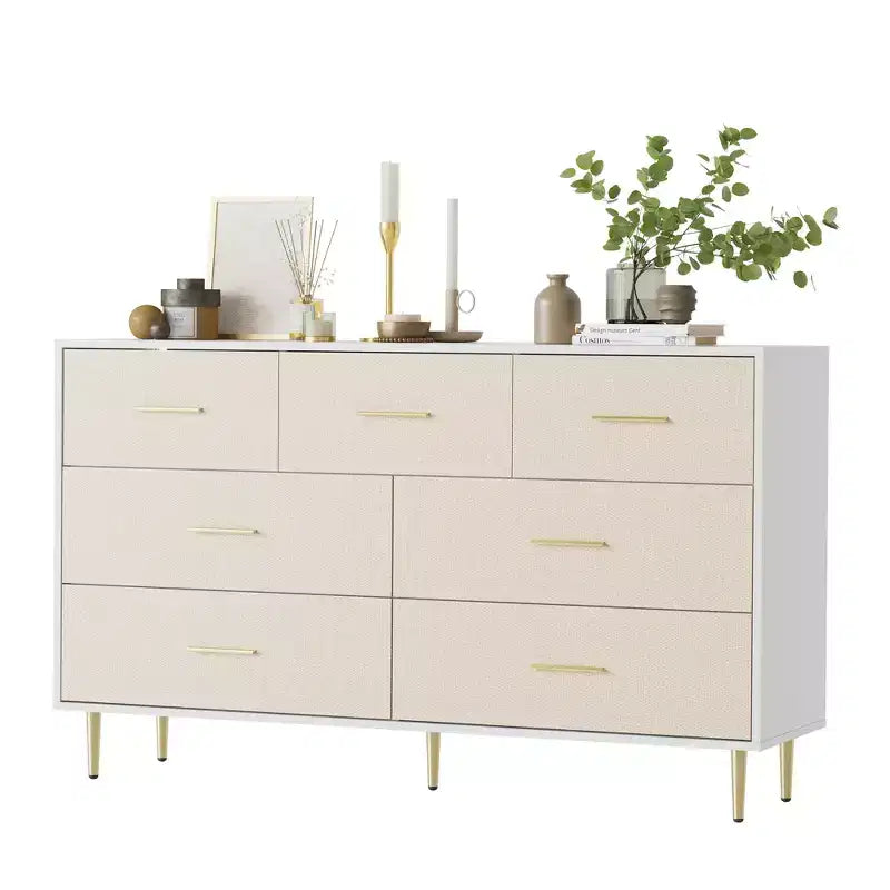 7 Drawer Dresser, Modern Chest of Drawer with Gold Metal Handles, Wood Dresser for Bedroom with Strong Metal Legs, White Storage Organizer