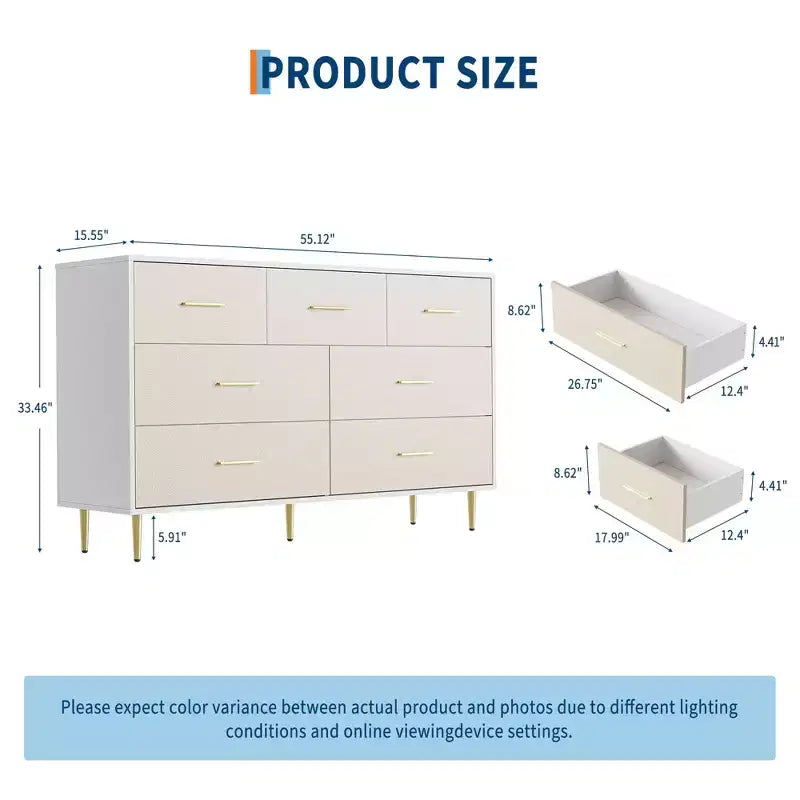 Commode 7 tiroirs, commode moderne avec poignées en métal doré, commode en bois pour chambre à coucher avec pieds en métal robustes, organisateur de rangement blanc