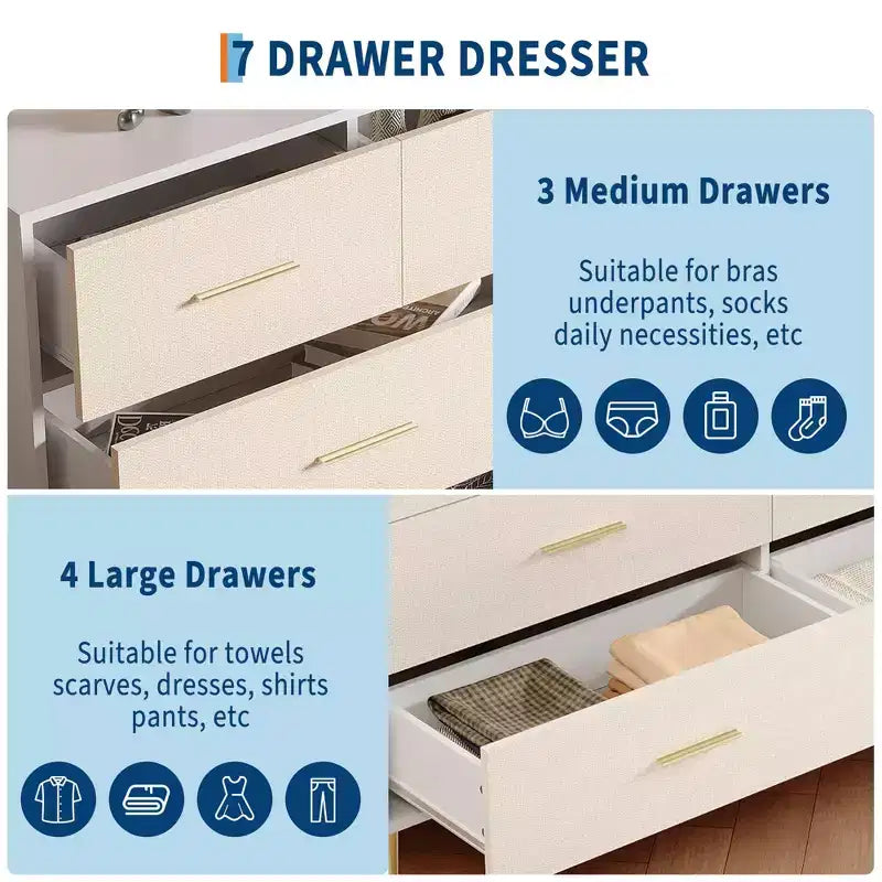 Commode 7 tiroirs, commode moderne avec poignées en métal doré, commode en bois pour chambre à coucher avec pieds en métal robustes, organisateur de rangement blanc