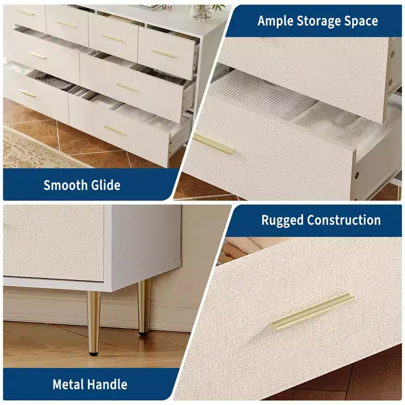 Commode 7 tiroirs, commode moderne avec poignées en métal doré, commode en bois pour chambre à coucher avec pieds en métal robustes, organisateur de rangement blanc
