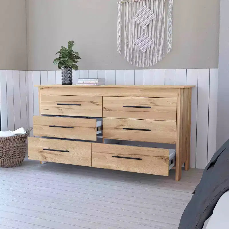 Okak Modern 6 Drawer Double Dresser, 31.7 Tall Storage Cabinet with Metal Gliders &amp; Elevated Base,Bedroom Dresser for Clothes Organization, Oak