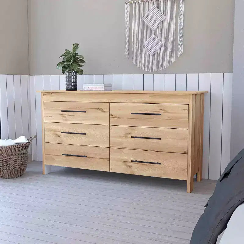 Commode double moderne à 6 tiroirs, armoire de rangement haute de 80,5 cm avec glissières métalliques et base surélevée, commode de chambre à coucher pour l'organisation des vêtements, chêne