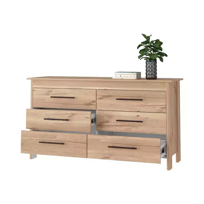 Commode double moderne à 6 tiroirs, armoire de rangement haute de 80,5 cm avec glissières métalliques et base surélevée, commode de chambre à coucher pour l'organisation des vêtements, chêne