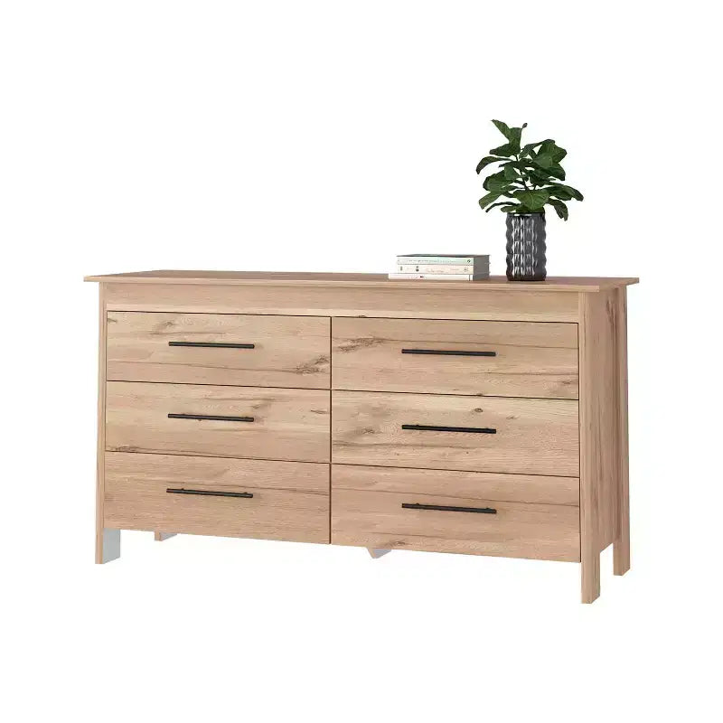 Commode double moderne à 6 tiroirs, armoire de rangement haute de 80,5 cm avec glissières métalliques et base surélevée, commode de chambre à coucher pour l'organisation des vêtements, chêne