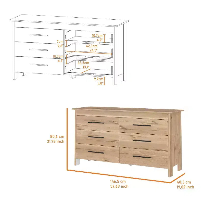 Commode double moderne à 6 tiroirs, armoire de rangement haute de 80,5 cm avec glissières métalliques et base surélevée, commode de chambre à coucher pour l'organisation des vêtements, chêne
