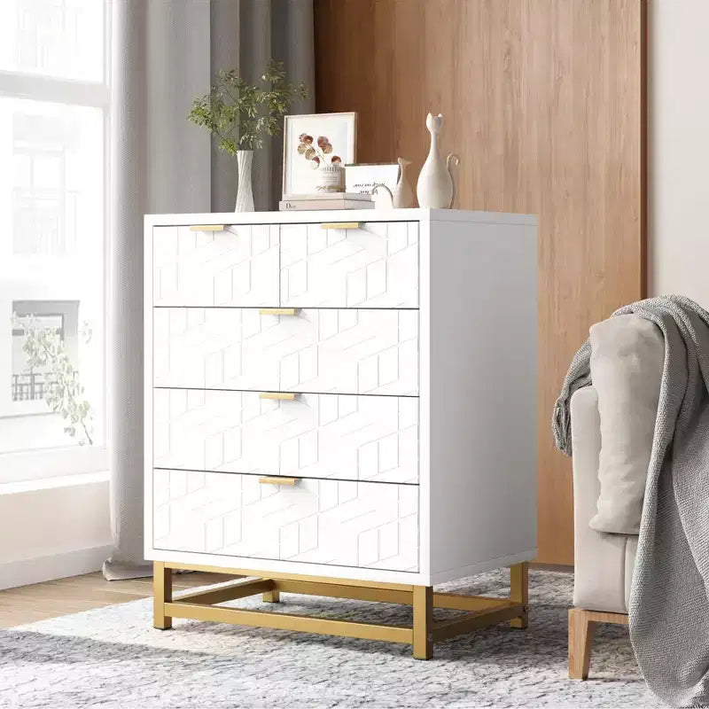 Commode moderne à 5 tiroirs avec pieds en métal, grand organisateur de rangement pour chambre, salon et entrée