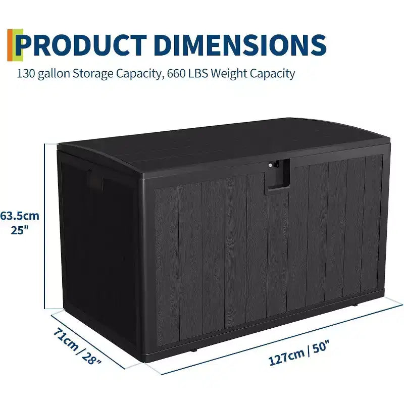 Coffre de rangement extérieur de 492 litres, grande boîte de rangement en résine à grain de bois, organisateur de patio étanche pour jardin, pelouse et bord de piscine