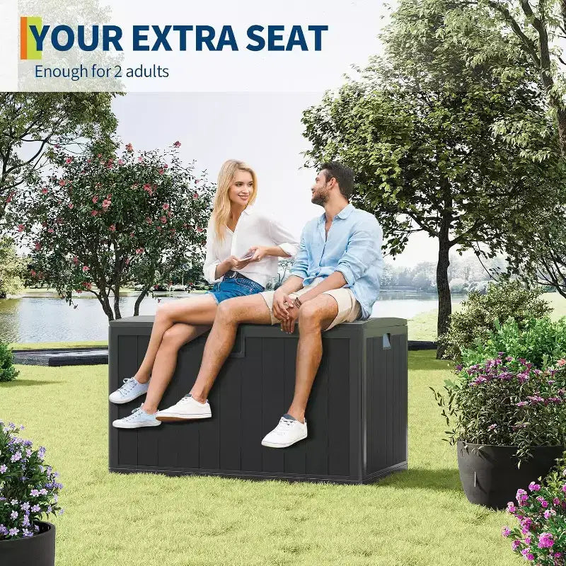 Coffre de rangement extérieur de 492 litres, grande boîte de rangement en résine à grain de bois, organisateur de patio étanche pour jardin, pelouse et bord de piscine