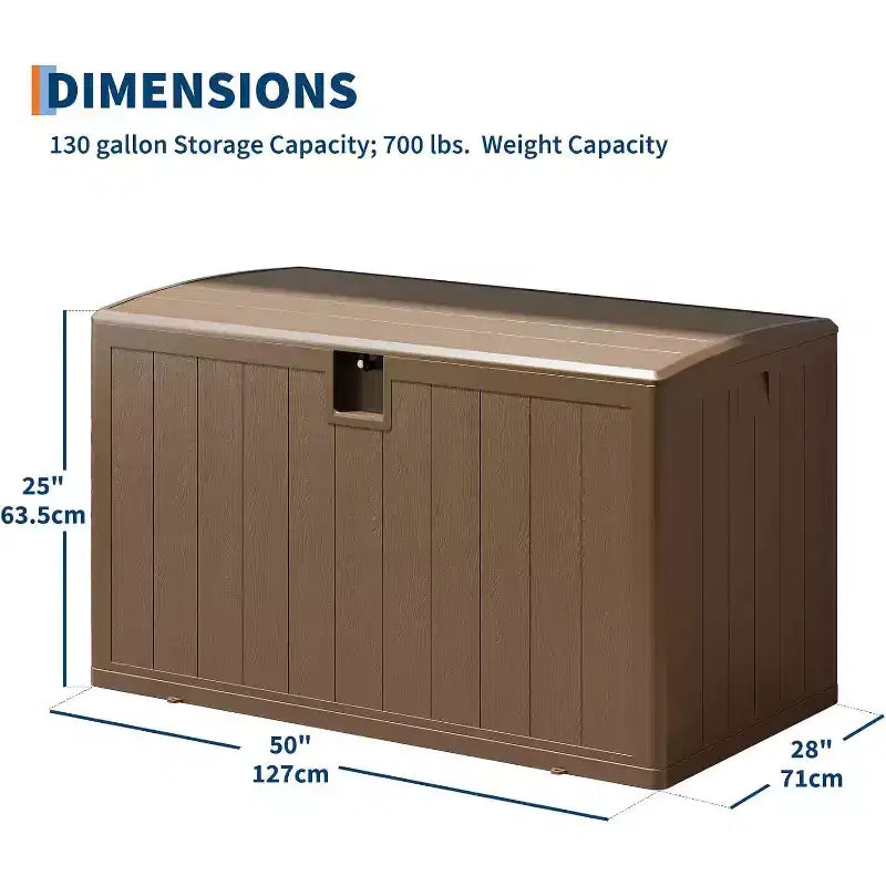Coffre de rangement extérieur de 492 litres, grande boîte de rangement en résine à grain de bois, organisateur de patio étanche pour jardin, pelouse et bord de piscine