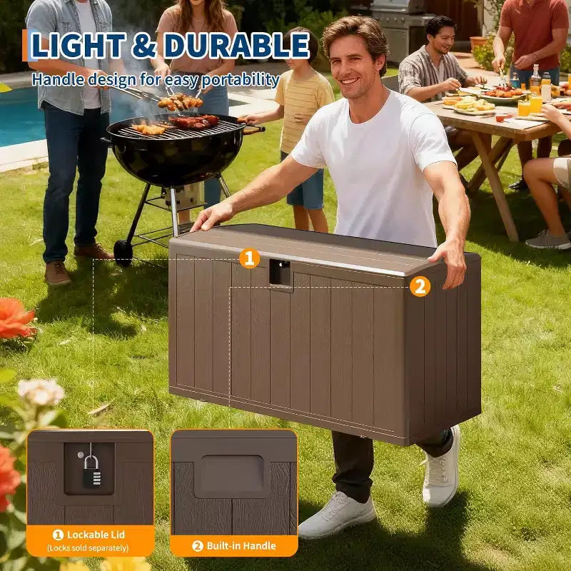 Coffre de rangement extérieur de 492 litres, grande boîte de rangement en résine à grain de bois, organisateur de patio étanche pour jardin, pelouse et bord de piscine