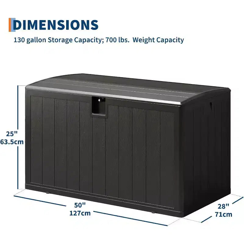 Coffre de rangement extérieur de 492 litres, grande boîte de rangement en résine à grain de bois, organisateur de patio étanche pour jardin, pelouse et bord de piscine