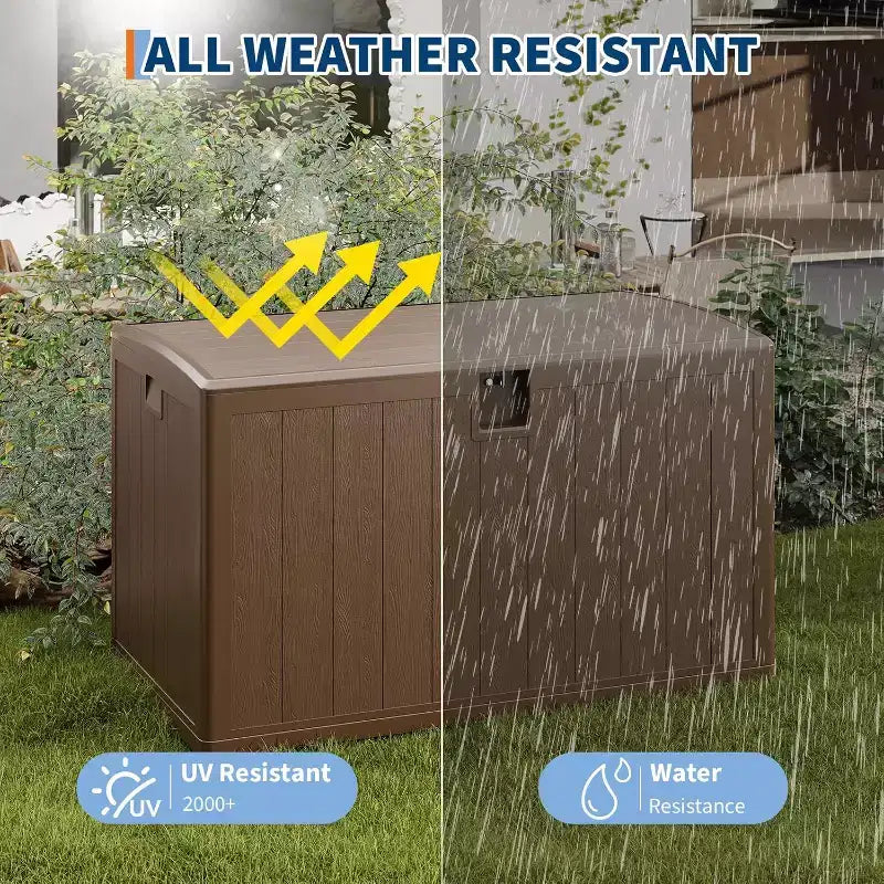 Coffre de rangement extérieur de 492 litres, grande boîte de rangement en résine à grain de bois, organisateur de patio étanche pour jardin, pelouse et bord de piscine