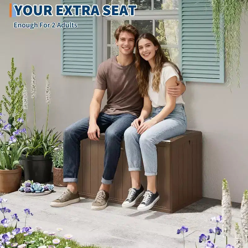 Coffre de rangement extérieur de 492 litres, grande boîte de rangement en résine à grain de bois, organisateur de patio étanche pour jardin, pelouse et bord de piscine