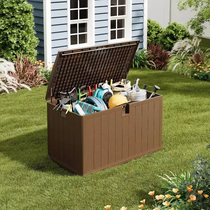 Coffre de rangement extérieur de 492 litres, grande boîte de rangement en résine à grain de bois, organisateur de patio étanche pour jardin, pelouse et bord de piscine