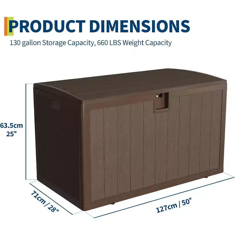 Coffre de rangement extérieur de 492 litres, grande boîte de rangement en résine à grain de bois, organisateur de patio étanche pour jardin, pelouse et bord de piscine