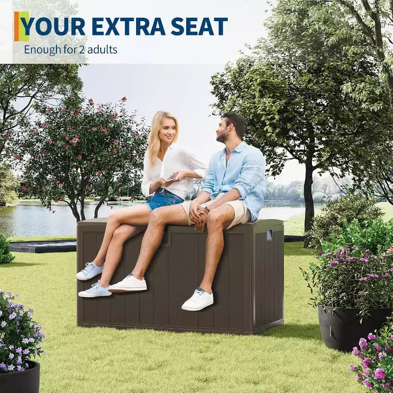 Coffre de rangement extérieur de 492 litres, grande boîte de rangement en résine à grain de bois, organisateur de patio étanche pour jardin, pelouse et bord de piscine