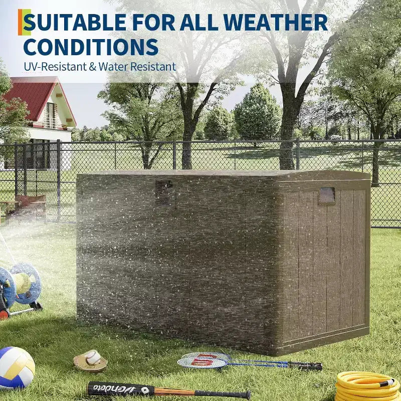 Coffre de rangement extérieur de 492 litres, grande boîte de rangement en résine à grain de bois, organisateur de patio étanche pour jardin, pelouse et bord de piscine