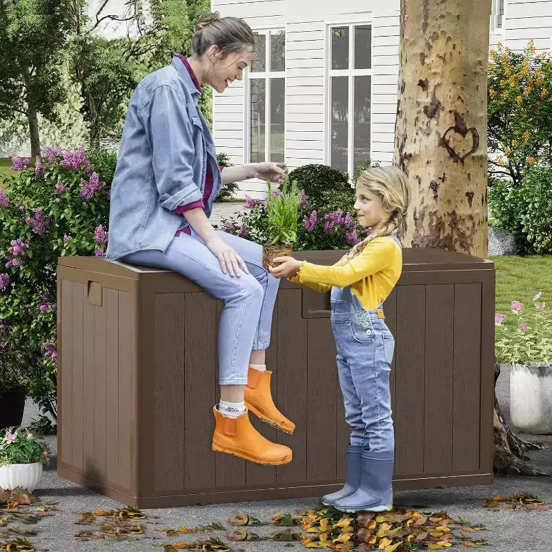 Coffre de rangement extérieur de 492 litres, grande boîte de rangement en résine à grain de bois, organisateur de patio étanche pour jardin, pelouse et bord de piscine